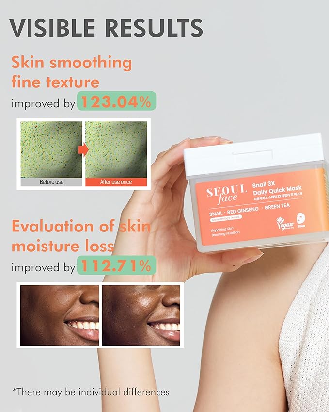 DERMAL Seoul Face Snail Mucin 5-Min Quick Sheet Mask 36 Count Bulk, Korean Morning Pull-Out Dispenser with Tweezers, Red Ginseng Green Tea Antioxidant Face Mask for Skin Renewal, Vegan Tencel