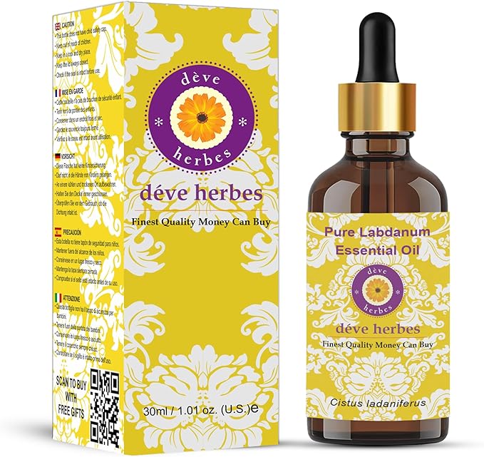 dève herbes Labdanum Essential Oil (Cistus ladaniferus) with Glass Dropper | Pure | Viscous Texture | Unisex | All Skin Types | External Use | Natural Extract | Steam Distilled 30ml (1 oz)