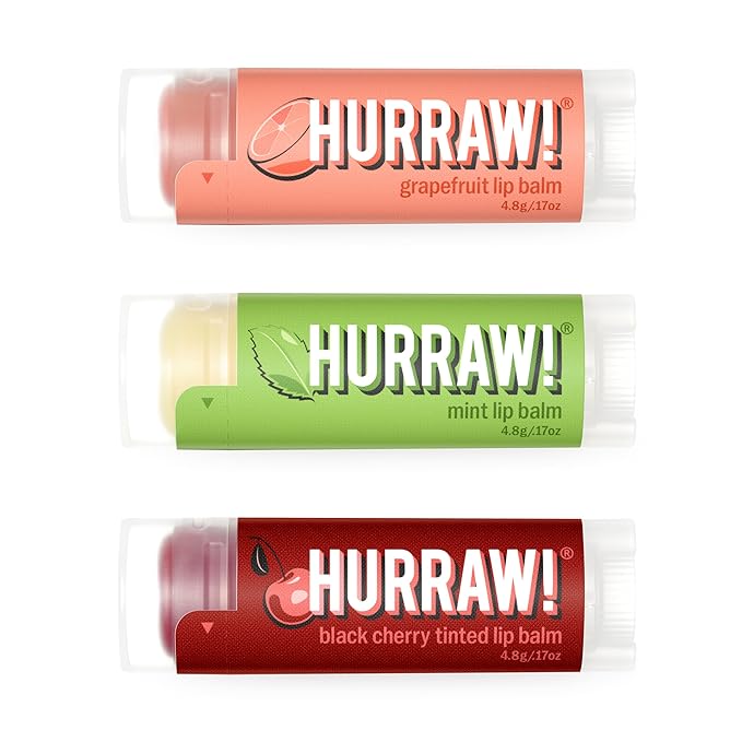 Hurraw! Grapefruit, Mint, Black Cherry Tinted Lip Balms, 3 Pack Bundle: Organic, Certified Vegan, Cruelty and Gluten Free. Non-GMO, 100% Natural. Bee, Shea, Soy & Palm Free. Made in USA