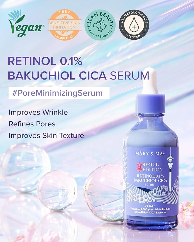 Mary&May SEOUL EDITION Retinol 0.1% Bakuchiol Cica Serum - Korean Face Serum for Pore Elasticity & Wrinkle Improvement - Cica and Peptides - Fragrance-Free, Vegan, and Cruelty-Free, 2.7 fl.oz.