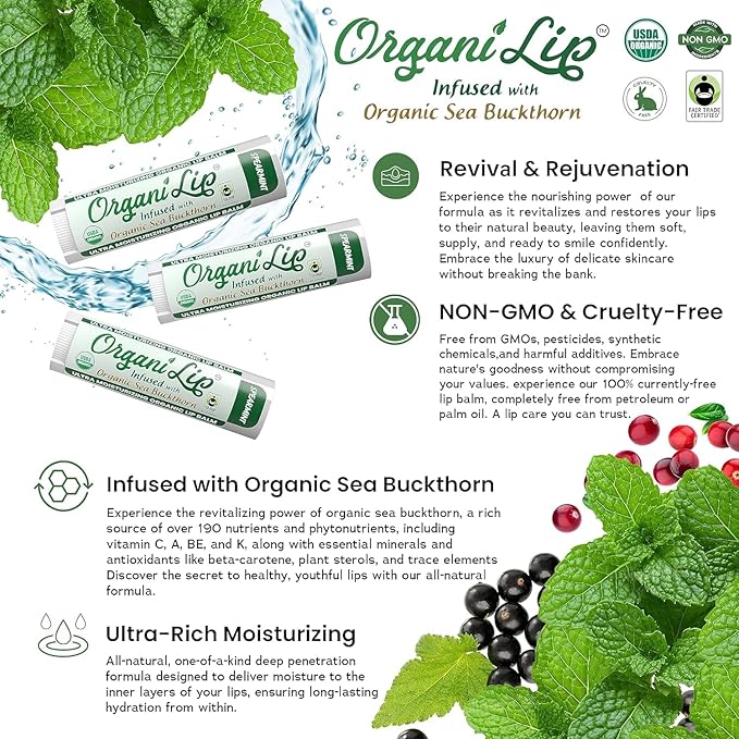 OrganiLip Lip Balm, Spearmint Flavor, Ultra Hydrating Lip Moisturizer for Cracked or Dry Lips, Infused With Organic Sea Buckthorn, Oval Shaped Tube, USDA Certified Organic, 1 Pack