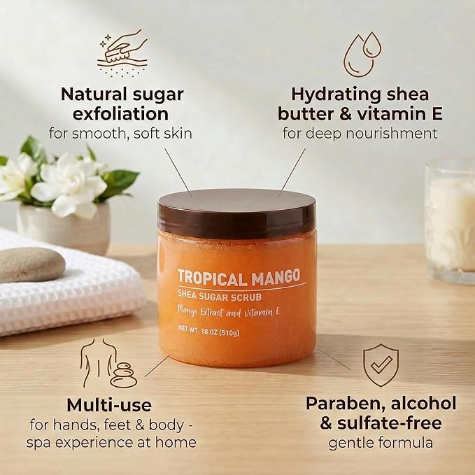 Tropical Mango Sugar Scrub – Exfoliating Body Scrub for Women, Moisturizing Shea Butter, Natural Sugar Exfoliant, Hand and Foot Scrub, Paraben-Free, All Skin Types, 18 oz (Pack of 2)