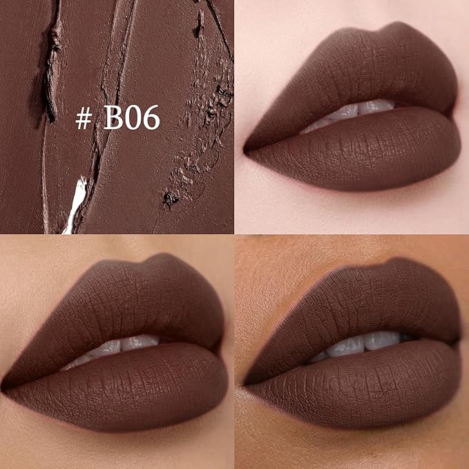 Matte Lipstick Lip Crayon, Dark Chocolate Long Lasting Lip Stick, Waterproof Velvet Lip Liner Pencil for Women, 24 Hour Neutral Lipstick, B06