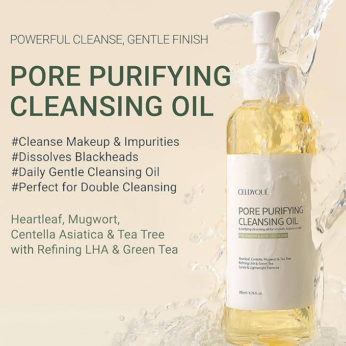 CELDYQUE Pore Purifying Cleansing Oil – Korean Face Wash with Centella, Tea Tree, Green Tea & LHA – Gentle Makeup Remover for Sensitive, Acne-Prone Skin, Deep Pore Cleanser, 6.76 fl oz