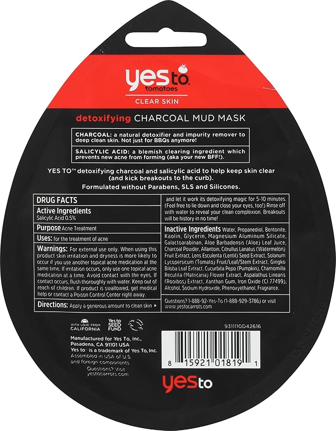 Yes To Tomatoes Detoxifying Mud Mask, Purifying & Conditioning Mask That Prevents New Acne From Forming & Removes Impurities, With Charcoal & Salicylic Acid, Natural, Vegan & Cruelty Free, 1-Pack