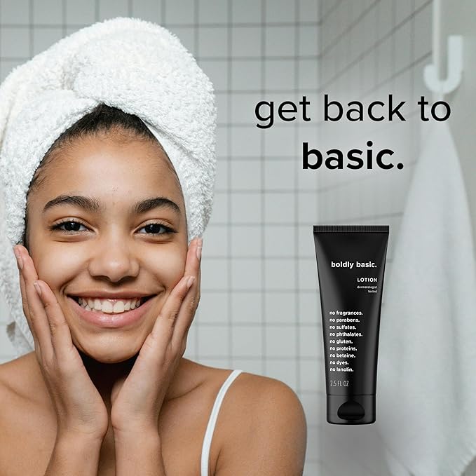 Boldly Basic Fragrance Free Lotion - Moisturizer for Dry and Sensitive Skin - Non Greasy - Unscented - Dermatologist Tested - No Sulfates, Parabens or Gluten - Hypoallergenic - Travel Size (2.5 oz)