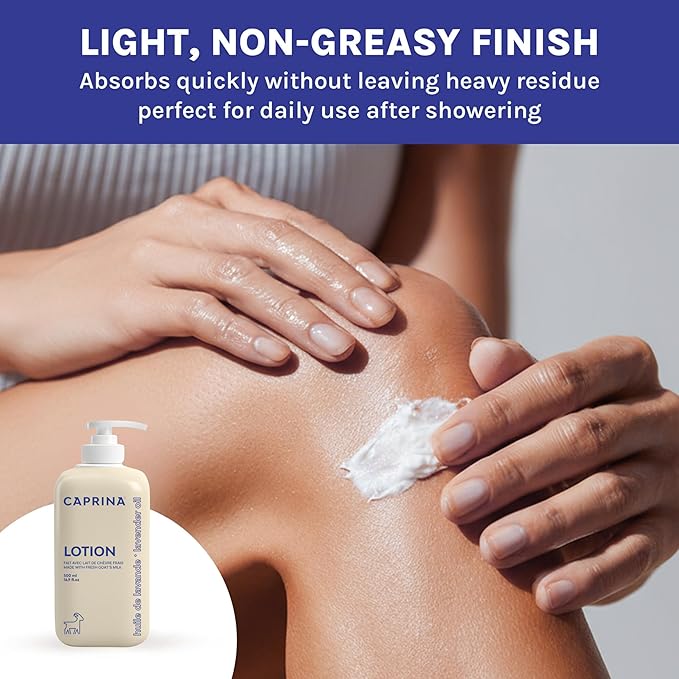 Caprina Goat’s Milk Body Lotion, 500 ml (16.9 oz), LAVENDER OIL, Soothing Daily Moisturizer for Normal to Dry Skin