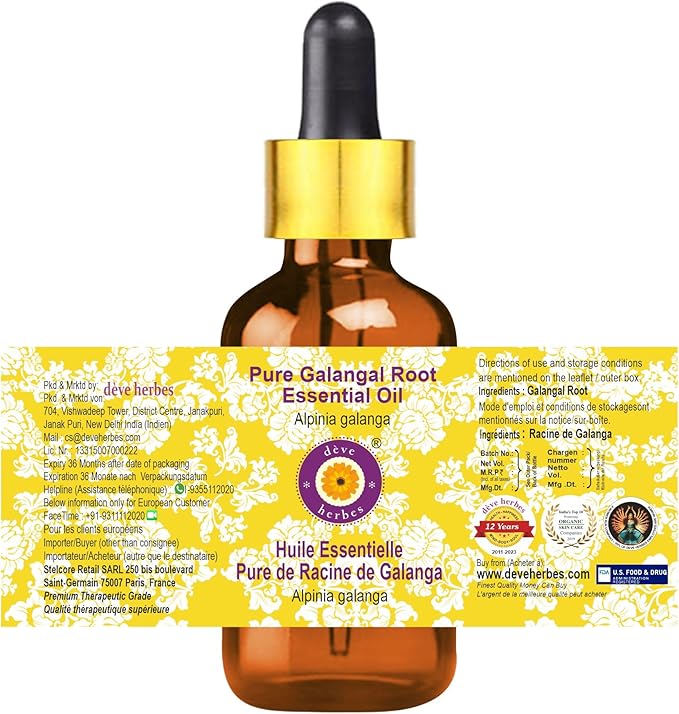dève herbes Galangal Root Essential Oil (Alpinia Galanga) with Glass Dropper | Pure | Non-Sticky | Non-Greasy | Lightweight | Men & Women | All Skin Types | Steam Distilled 50ml (1.69 oz)