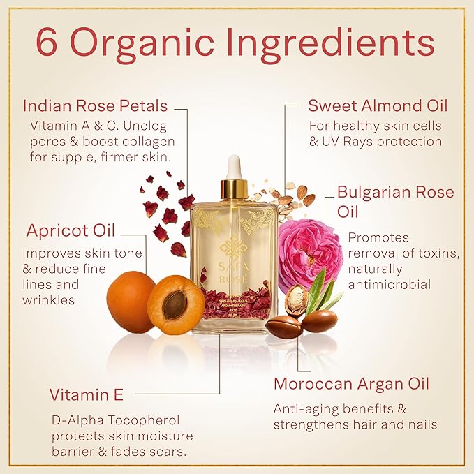 SAFA Rosé Oil - Organic Rose Essential Oil for Face, Body, Hair, Nails & Aromatherapy | After Shower Body Oil | Skin Moisturizer - Natural Scented Perfume for Women - 4 Fl Oz