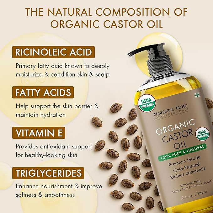 Majestic Pure Organic Castor Oil 8 Fl Oz with Reusable Wraps- 100% Pure and Natural- Cold Pressed & Hexane Free Natural Hair Growth Oil for Eyelashes, Eyebrows, Skin, Body, Face, Nails & Scalp