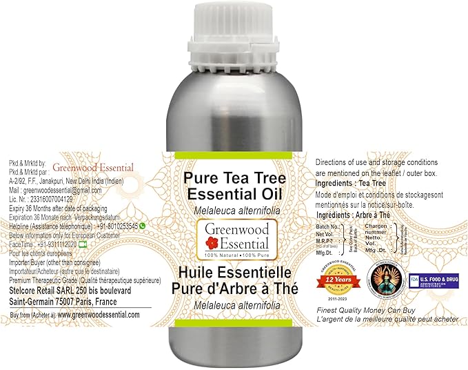 Greenwood Essential Tea Tree Essential Oil (Melaleuca alternifolia) Steam Distilled 300ml (10.1 oz)