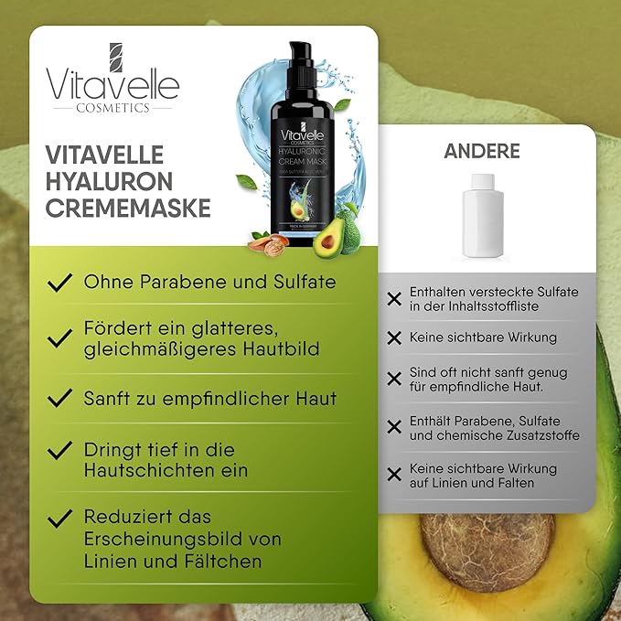 VITAVELLE Hydrating Face Mask – Hyaluronic Acid Moisturizer Mask Firming with Avocado Oil, Shea Butter, Aloe Vera and Jojoba Oil – Vegan Face Mask with No Parabens – Hydrating Face Masks Anti Aging