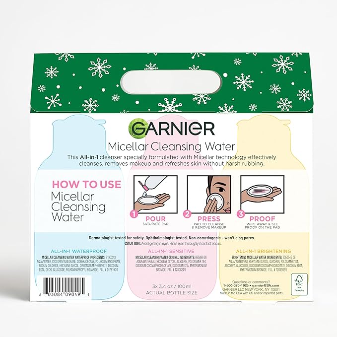 Garnier SkinActive Micellar Holiday Skincare Gift Set, Includes 3 Travel Size Micellar Water Formulas, Includes 100ml Original, Waterproof and Vitamin C Formulas, 1 Kit