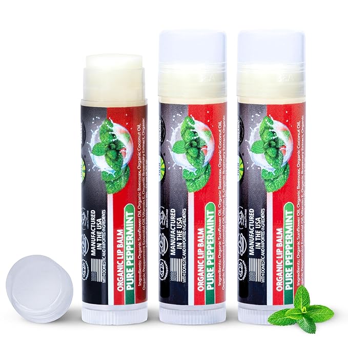 Organic Lip Balm Chapstick Bulk 3 Pack – Peppermint – Natural Beeswax Lip Balm – Moisturizer for Very Dry, Chapped Lips