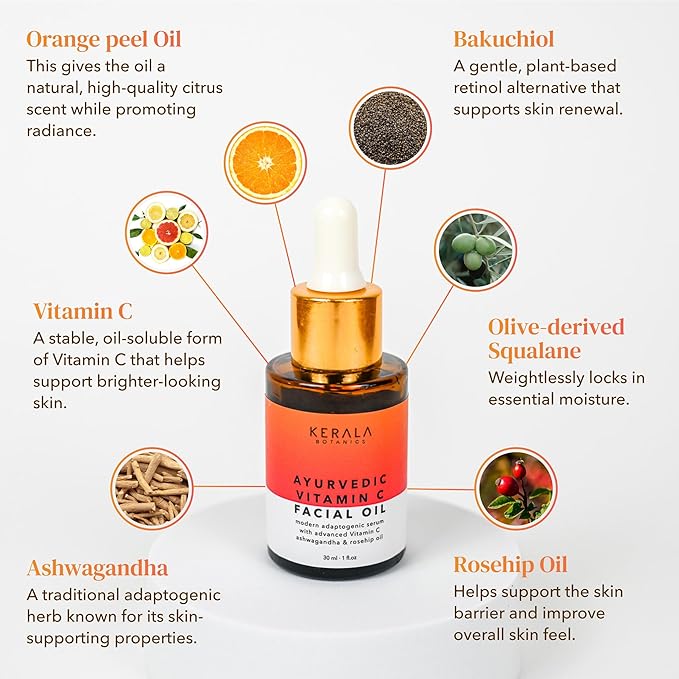 Ayurvedic Vitamin C Face Oil with Rosehip Oil, Bakuchiol, Ashwagandha, and Squalane, Hydrating, Brightening, and Repairing Serum for Dark Spots, Fine Lines, and Wrinkles, Clean Luxury Skincare
