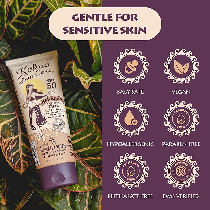Kokua Sun Care Hawaiian Sunscreen Reef Safe SPF 50 | 3 oz | Zinc Oxide | Mineral Sunscreen | Face & Body | Moisturizing Sun Protection | Water Resistant | Chemical Free | Natural Ingredients