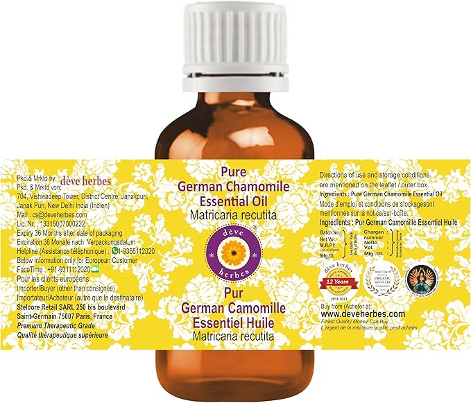 dève herbes German Chamomile Essential Oil (Matricaria recutita) Pure | Non-Sticky | Non-Greasy | Lightweight | Men & Women | All Skin Types | Steam Distilled 5ml (0.16 oz)