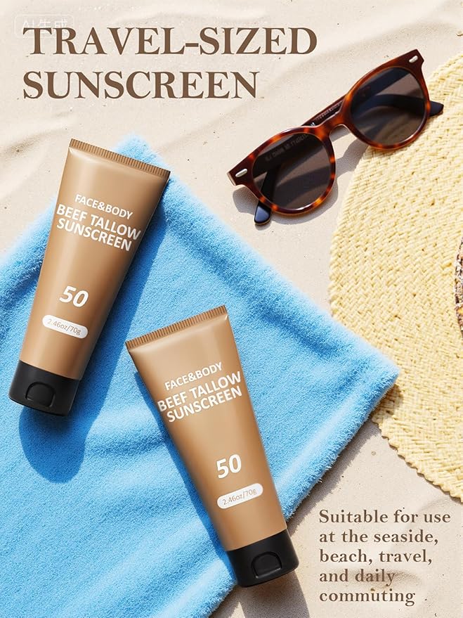 Beef Tallow Sunscreen for Face, Natural Reef Safe Sunblock for Face Body, Non Greasy Clean Travel Sun Screen Sunblock for Sunmmer Beach Outdoor Travel, 2.46 OZ