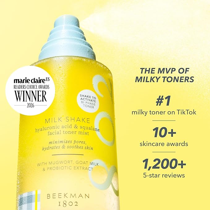 Beekman 1802 Milk Shake Hydrating Face Mist – Setting Spray & Milky Toner with Hyaluronic Acid & Squalane – Facial Toner & Face Spray – Lightweight Hydration, Minimizes Pores, Fragrance Free 8.1 Fl Oz