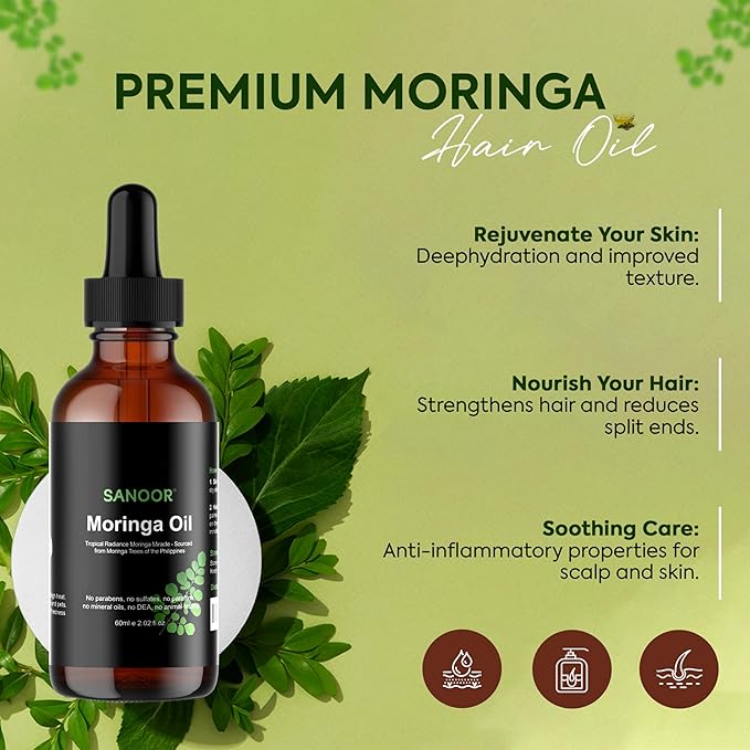 SANOOR Moringa Miracle Oil | FBA Approved | 100% Pure & Cold-Pressed | Deeply Hydrating Oil for Hair & Skin with Natural Nutrient-Rich Hair Butter for Strength & Shine | 2.02oz (60ml)