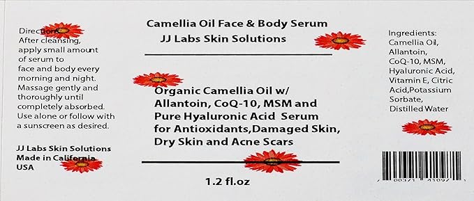 Organic Camellia Oil serum with Allantoin, CoQ-10, MSM, and pure Hyaluronic Acid (1.2 fl.oz)