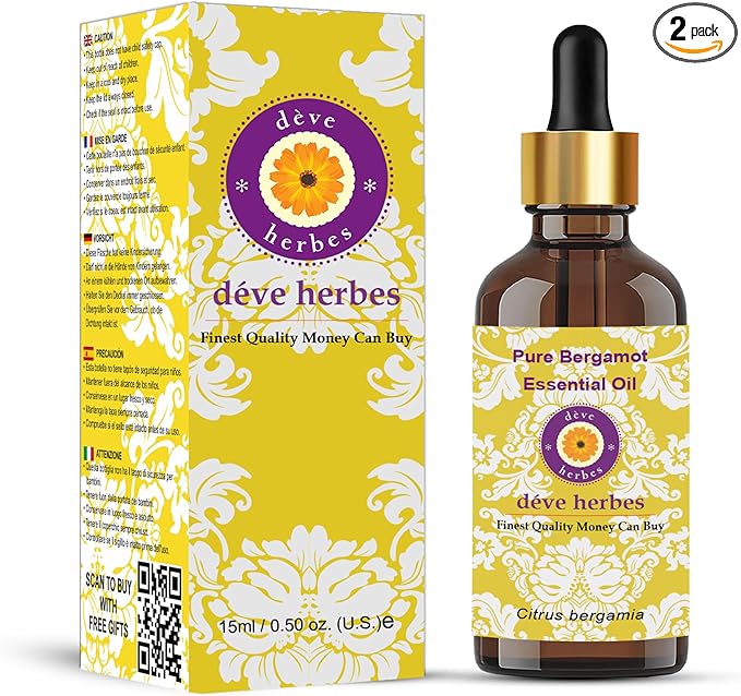 Deve Herbes Pure Bergamot Essential Oil (Citrus bergamia) with Glass Dropper Natural Therapeutic Grade Steam Distilled 15ml (0.50 oz)