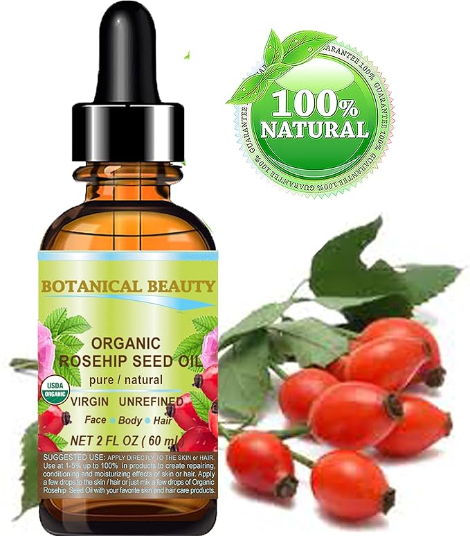 Botanical Beauty Organic ROSEHIP SEED OIL 100% Pure Natural Virgin Unrefined Cold-pressed Carrier Oil 2 Fl Oz 60 ml For Face, Skin, Body, Hair, Lip, Nails, Rich in vitamin C, Vitamin E, Anti-Aging