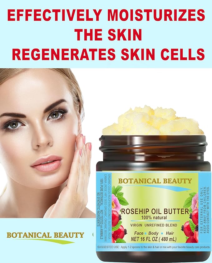 Botanical Beauty ROSEHIP OIL BUTTER ROSE HIP 100% Natural Pure Virgin Unrefined RAW Cold Pressed for FACE, SKIN, BODY, DAMAGED HAIR, NAILS. Rich in vitamin E 8 Fl Oz 240 ml