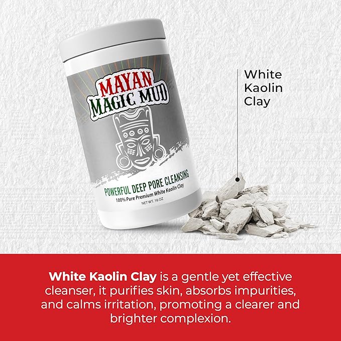 Mayan Magic Mud Powerful Deep Pore Cleansing White Kaolin Clay - Natural Face Mask Peel For Men And Women - USA Made Full Facial Skin Care - Spa Level Beauty Products That Cleanse Skin - 16 Oz