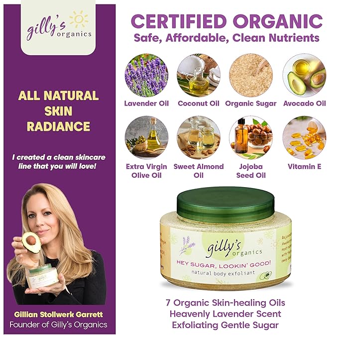 Gilly's Organics Sugar Scrub – Natural Scrubs with Lavender, Coconut, Avocado, Sweet Almond Oil – Gentle Exfoliating and Deeply Hydrating Body Scrub for Women and Men – 8oz Organic Sugar Scrub