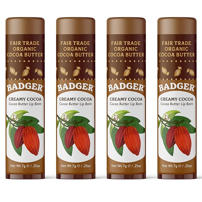 Badger Creamy Cocoa Cocoa Butter Lip Balm, Long Lasting Hydrating Lip Moisturizer, Fair Trade, Large Size Stick, 100% Organic Lip Care, 4-pack
