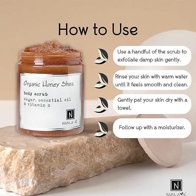 Organic Honey Shea Body Scrub Made in USA with Essential Oil and Vitamin C by Nabila K - Exfoliate and Moisturize for Smooth Skin - Luxury for Women & Men, 10 oz