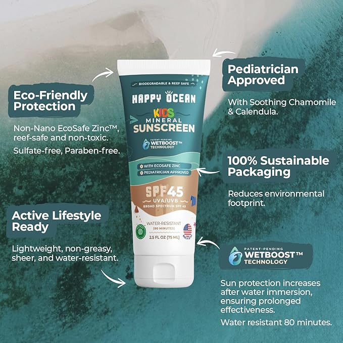 Happy Ocean Kids Mineral Sunscreen SPF 45 – Reef Safe, Non-Toxic Sunscreen for Kids, Non-Greasy Zinc Oxide, Travel Size, Water Resistant, Face & Body