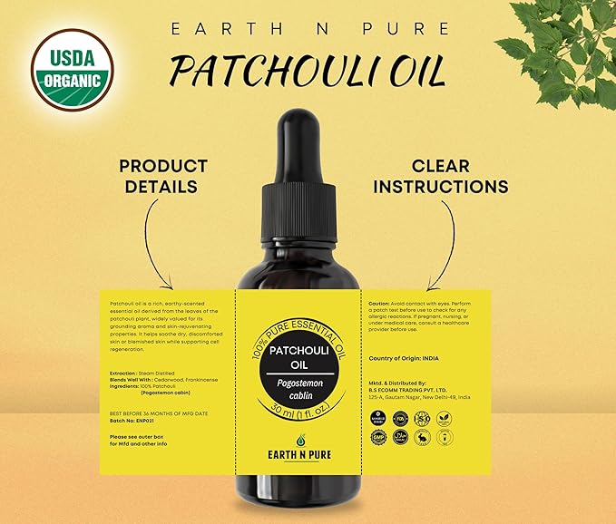 Earth N Pure Patchouli Essential Oil Natural & Therapeutic Grade for Aromatherapy, Skin & Hair Care with Glass Dropper 30 ml