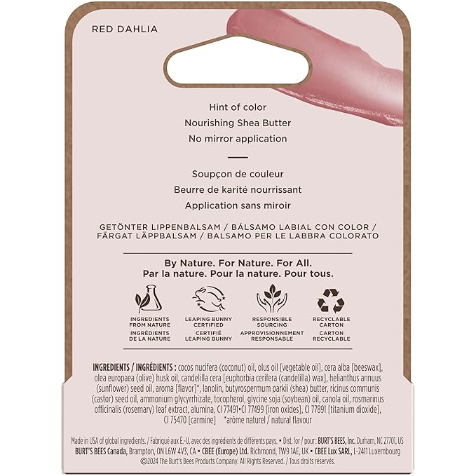 Burt's Bees Lip Tint Balm, Long Lasting 2 in 1 Duo Tinted Balm Formula, Color Infused with Hydrating Shea Butter for a Natural Looking Buildable Finish, Red Dahlia, 1 Tube