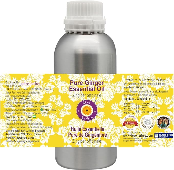 Deve Herbes Pure Ginger Essential Oil (Zingiber officinale) Steam Distilled 1250ml (42 oz)