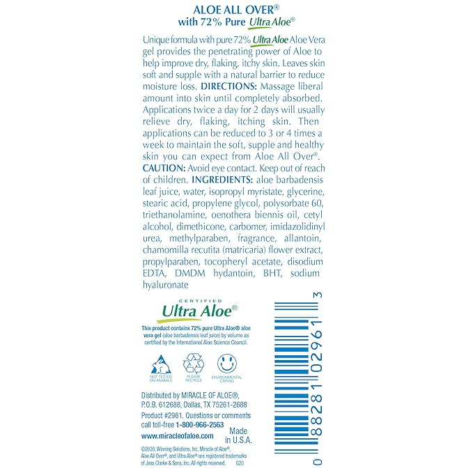 Miracle of Aloe’s Aloe All Over Super Moisturizing Dry Skin Lotion (2-Pack, 8 oz) - Made with 72% UltraAloe Aloe Vera Gel. Safe for Everyone: Men, Women, Kids. Ends Flaking and Restores Dry Skin Fast
