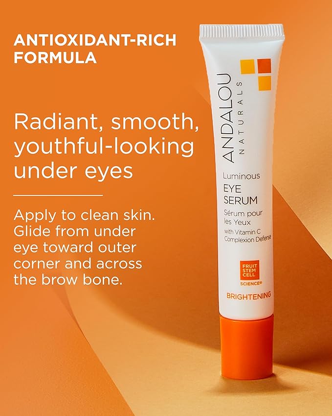 Andalou Naturals Luminous Eye Serum - Illuminating Under Eye Moisturizer for Dark Circles and Puffiness - With Vitamin C & Caffeine for a Rejuvenated, Youthful Appearance - 0.6 Oz
