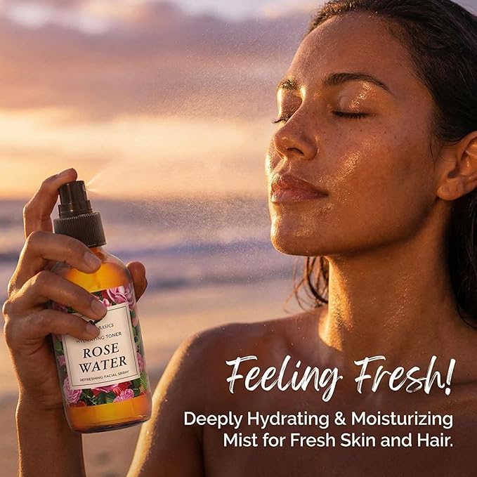 Rose Water Spray for Face by Baja Basics - Pure, Organic Rosewater Facial Toner for Hair and Aromatherapy Large 4 oz