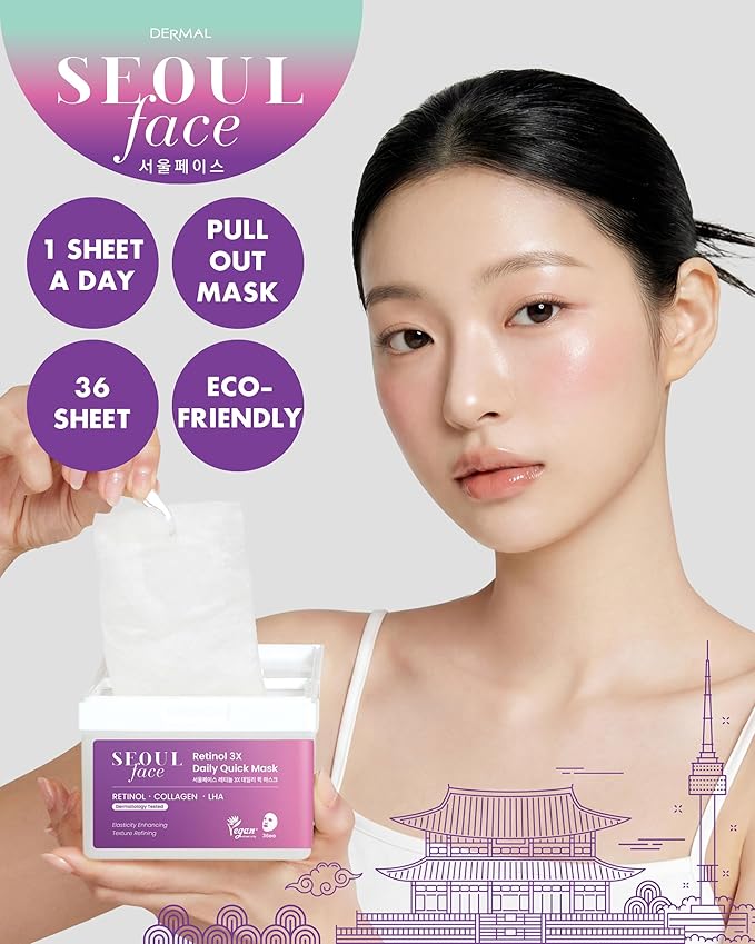 DERMAL Seoul Face Retinol + LHA Daily Quick Sheet Mask, 36 Count Pull-Out Dispenser Box with Tweezers, Pore & Wrinkle Care, Collagen + Peptides, Vegan Tencel