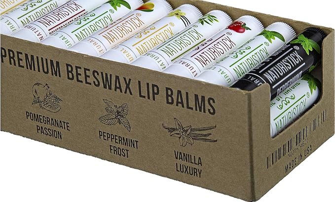 Naturistick Natural Beeswax Lip Balm | 36-Pack Assorted | Display Set | Standard 0.15 oz Tubes