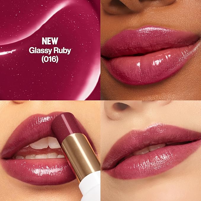 REVLON Super Lustrous Glass Shine Balm, Hydrating Tinted Lip Balm with Hyaluronic Acid, Aloe & Rose Quartz, Medium-Dark Plum Lipstick, NEW Shade, 016 Glassy Ruby, 0.11 oz