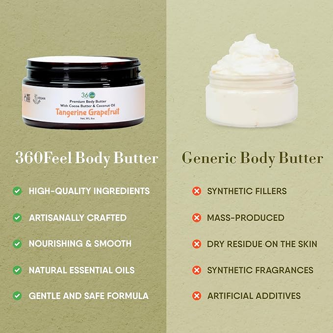 360Feel Tangerine Grapefruit Body Butter - Nourishing and Hydrating Shea Body Butter with a Gentle Formula - Handmade with Essential Oils - Creamy Formula - Zero Harsh Additives - 8 Ounce