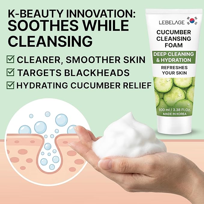 LEBELAGE Korean Cucumber Facial Cleanser 3.38 oz | Cleansing Foam Face Wash | Low pH Gentle Hydrating Daily Facial Cleanser Sensitive Skin | Deep Cleansing Foaming Cleanser, Pore Care-All Skin Types