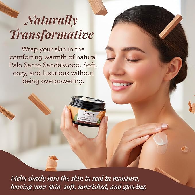 Saavy Naturals Whipped Body Butter - Made with Organic Shea Butter, Essential Body Care & Dry Skin Moisturizer for Women, Velvety Rich Cream Texture, Naturally Scented - Palo Santo Sandalwood, 4 oz
