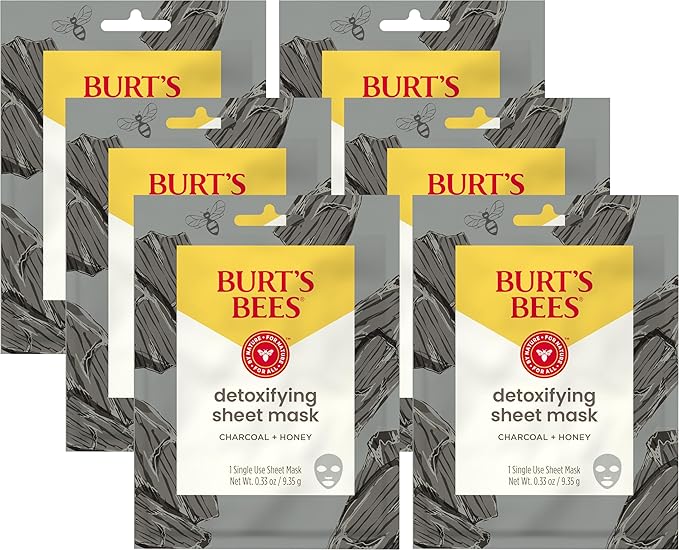Burt's Bees Detoxifying Charcoal Facial Sheet Mask, Single Use Face Mask, 1 Count, Pack of 4 (Package May Vary)