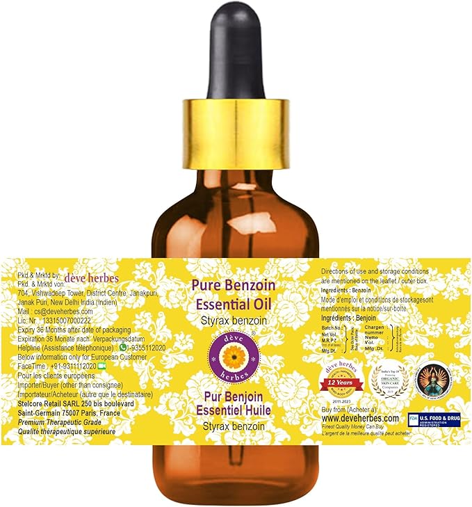 Deve Herbes Pure Benzoin Essential Oil (Styrax Benzoin) with Glass Dropper Steam Distilled 100ml (3.38 oz)