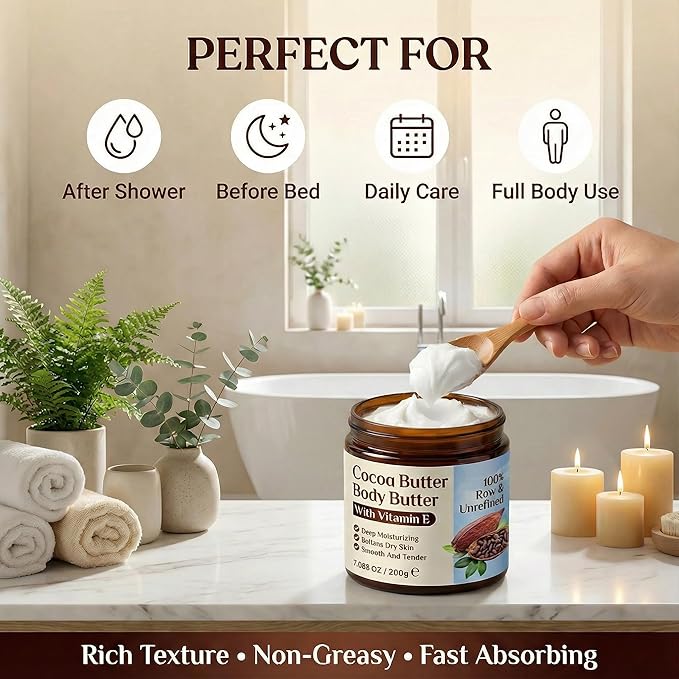 Grospe Cocoa Butter Body Butter for Women & Men 100% Raw & Unrefined Body Cream with Vitamin E Deep Moisturizing Body Lotion for Extremely Dry Skin Natural Daily Body Care Moisturizer - 7.05 Oz
