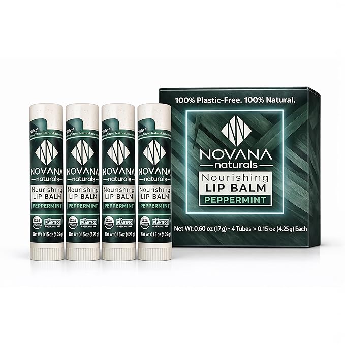 Organic Lip Balm – 100% Natural Origin, Plastic-Free Tube – Long-Lasting Hydration, No Waxy Texture – 4 Pack Peppermint | Novana Naturals