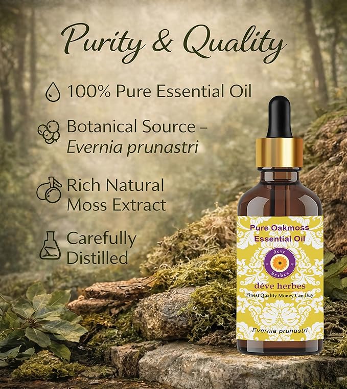 dève herbes Oakmoss Essential Oil (Evernia prunastri) Pure | Non-Sticky | Non-Greasy | Lightweight | Men & Women | All Skin Types | Steam Distilled 100ml (3.38 oz)